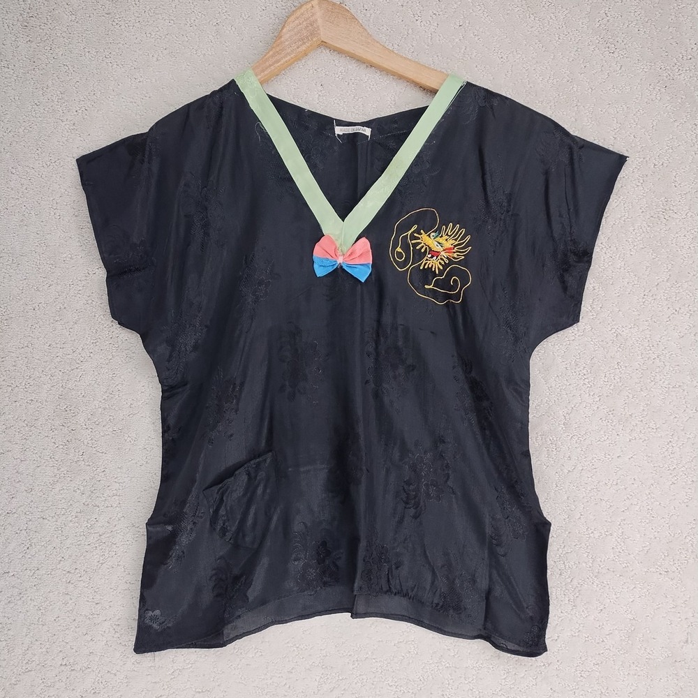 Silk Embroidered Dragon Tunic Womens One Size Black Green V Neck Bow Jacquard